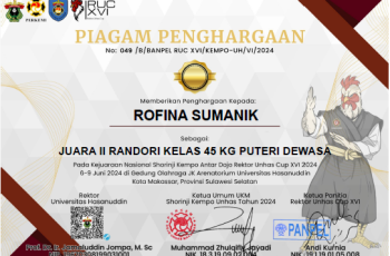 Juara II RANDORI Kelas 45 kg Puteri Dewasa Pada Kejuaraan Nasional Shorinji Kempo Antar Dojo Rektor UNHAS CUP XVI 2024